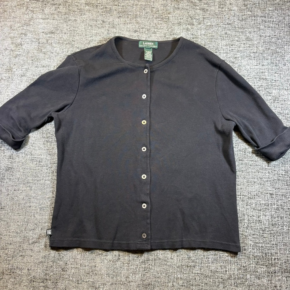 Lauren Ralph Lauren Cardigan Women Large Black Cotton Elbow Sleeve Button Front